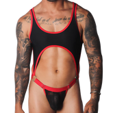 Black and red scoop-neck bodysuit with a chest cutout, O-ring connectors, and a sheer lace pouch.