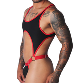 Black sleeveless bodysuit with red trim, high-cut sides, a chest cutout, and a red metal-ring waist strap.