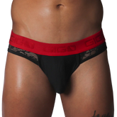 Black jockstrap with lace side panels and a contrasting red elastic waistband featuring the Gigo logo.