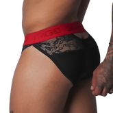 Black brief with floral lace paneling and a contrasting red elastic waistband featuring the Gigo logo.