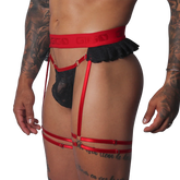 Black lace thong and red elastic garter belt with "GIGO" logo waistband and adjustable leg straps.