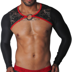 Black long-sleeve harness with floral lace chest panels, red trim, and a central metal O-ring.