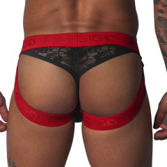 Black lace jockstrap with red elastic logo waistband and leg straps.