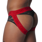 Black floral lace jock thong with bold red elastic straps featuring repeating Gigo logo branding.