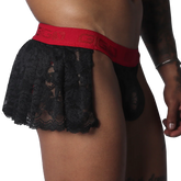 Black lace mini skirt with a red elastic waistband featuring the GIGO logo, worn over matching black lace briefs.