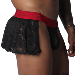 Black lace mini skirt with a red elastic waistband featuring the GIGO logo, worn over matching black lace briefs.