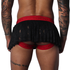 Black lace pleated mini skirt with a red branded elastic waistband and integrated red leg-strap garter design.