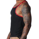 Black tank top with red trim, featuring intricate black lace side panels and racerback-style straps.