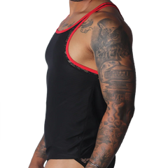 Black tank top with red trim, featuring intricate black lace side panels and racerback-style straps.