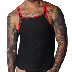 Black tank top with red trim, lace shoulder panels, and a subtle ribbed texture.