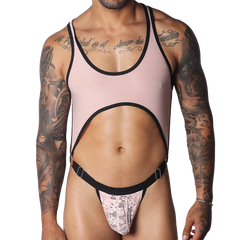 Romantic pink ribbed mesh bodysuit with black trim, a large midriff cutout, and a pink floral lace thong pouch.