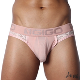 Romantic pink jockstrap with floral lace side panels, striped mesh front pouch, and branded Gigo elastic waistband.