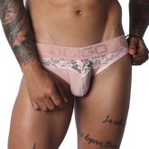 Romantic pink briefs in striped mesh and floral lace with a wide, branded elastic waistband.
