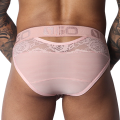 Pastel pink briefs with floral lace detailing, sheer striped fabric, and a branded elastic waistband.