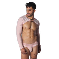 Light pink long-sleeve harness with floral lace shoulder details and a central metal O-ring accent.