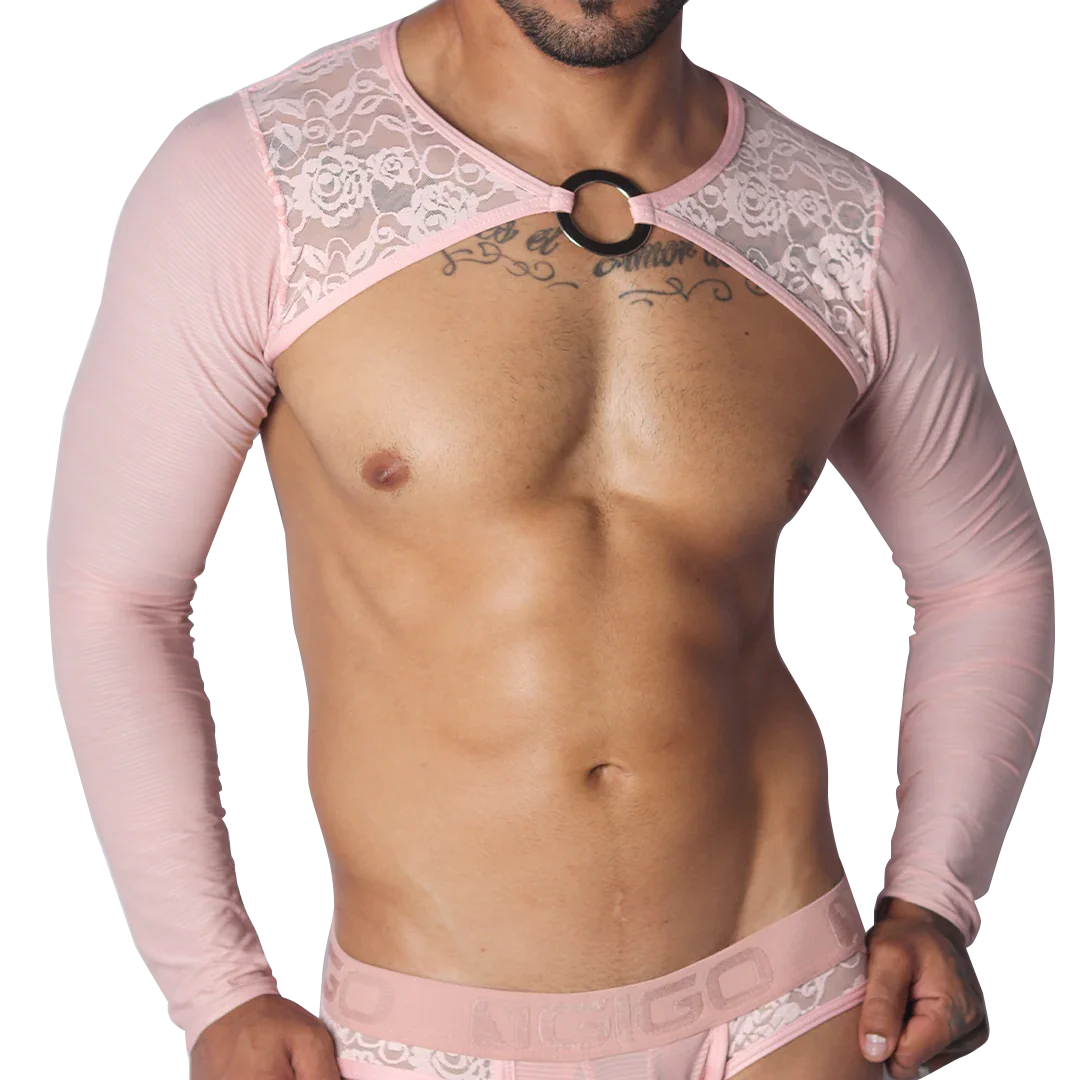 Pink long-sleeve crop harness featuring floral lace shoulder panels and a central metal O-ring chest connector.