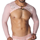 Pink long-sleeve crop harness featuring floral lace shoulder panels and a central metal O-ring chest connector.