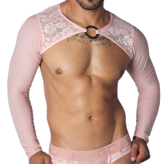 Pink long-sleeve crop harness featuring floral lace shoulder panels and a central metal O-ring chest connector.