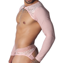 Romantic pink long-sleeve harness with lace shoulder detailing, center metal ring, and matching lace-trimmed brief.