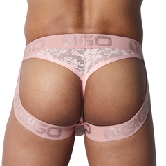 Romantic pink jock-thong featuring floral lace back panel and elastic logo waistband.