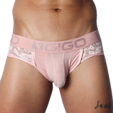 Romantic pink jock thong with sheer striped mesh, floral lace sides, and a branded elastic waistband.