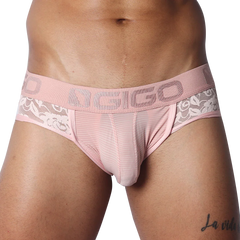 Romantic pink jock thong with sheer striped mesh, floral lace sides, and a branded elastic waistband.