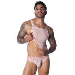Light pink ribbed tank top with delicate floral lace trim along the shoulders, worn by a man with tattoos.
