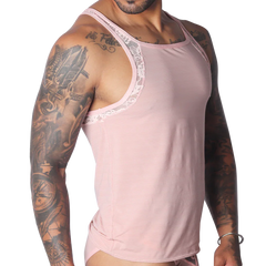 Romantic pink, ribbed-texture tank top with delicate lace trim along the neckline and armholes.