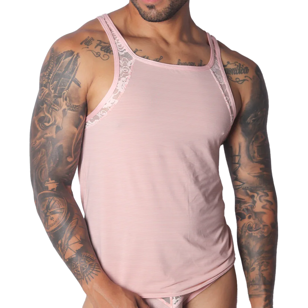 Romantic pink ribbed tank top featuring delicate white lace trim along the shoulders and neckline.