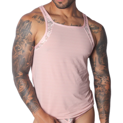 Romantic pink ribbed tank top featuring delicate white lace trim along the shoulders and neckline.