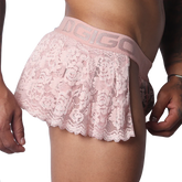 Romantic pink lace mini skirt with an elastic waistband featuring the GIGO logo.