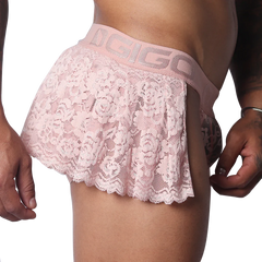 Romantic pink lace mini skirt with an elastic waistband featuring the GIGO logo.