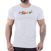 A muscular man wearing a white t-shirt with a colorful Miami script logo across the chest.