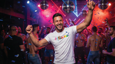 A smiling man wearing a white Miami Pride t-shirt dances in a crowded nightclub with disco balls and confetti.