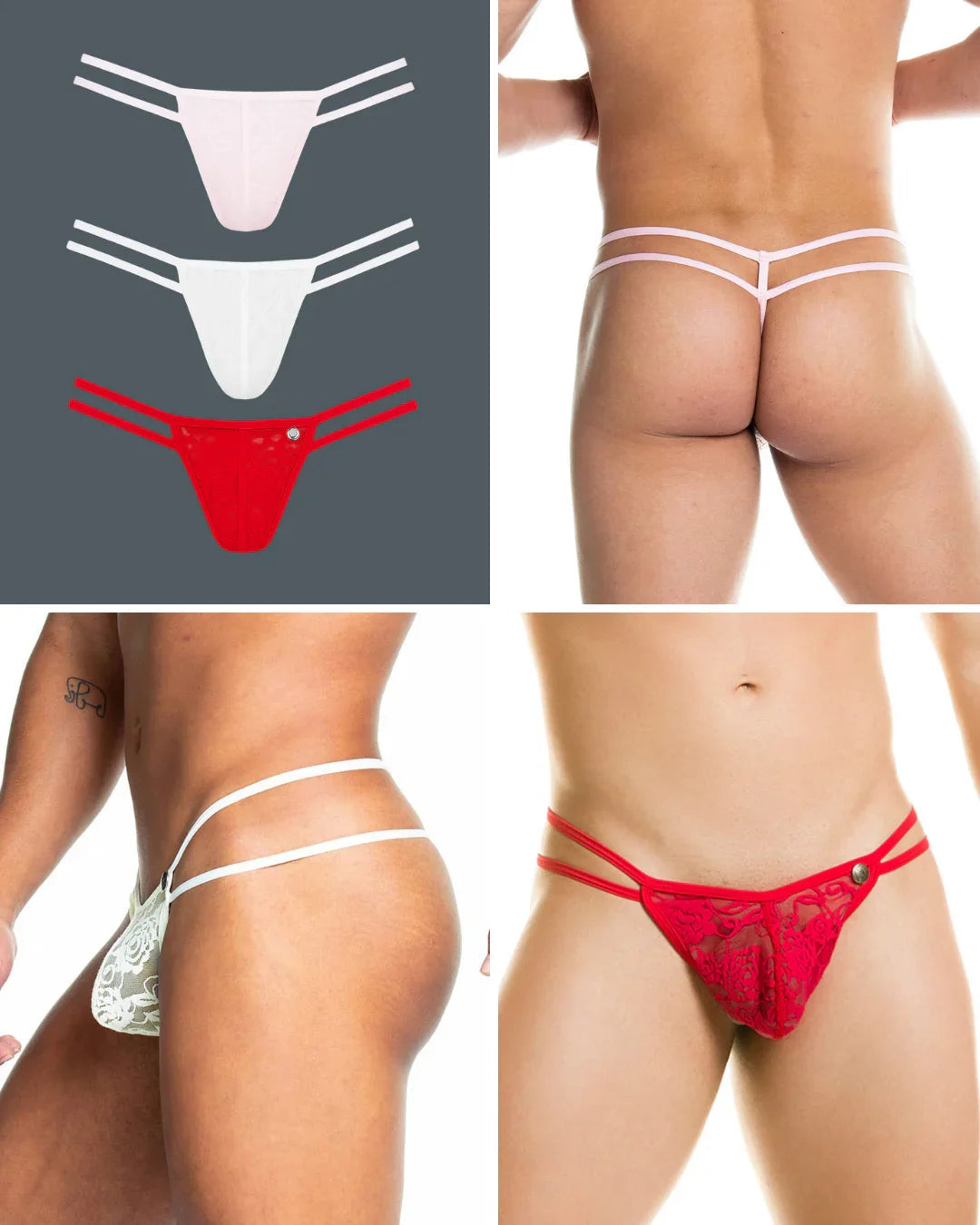 Trio of red, white, and pink lace g-strings featuring double-strap sides and a metallic logo charm.