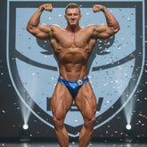 Blue shiny hologram competition briefs with number 20 by MetroMaleWear for posing and bodybuilding events
