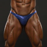 Shiny blue metallic briefs MetroMaleWear PosingWear Royal Shower posing suit front view for performance wear