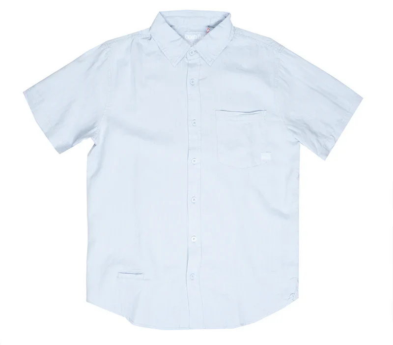 A crisp white short-sleeved fly linen shirt with a classic collar and chest pocket made from breathable fabric