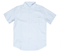 A crisp white short-sleeved fly linen shirt with a classic collar and chest pocket made from breathable fabric