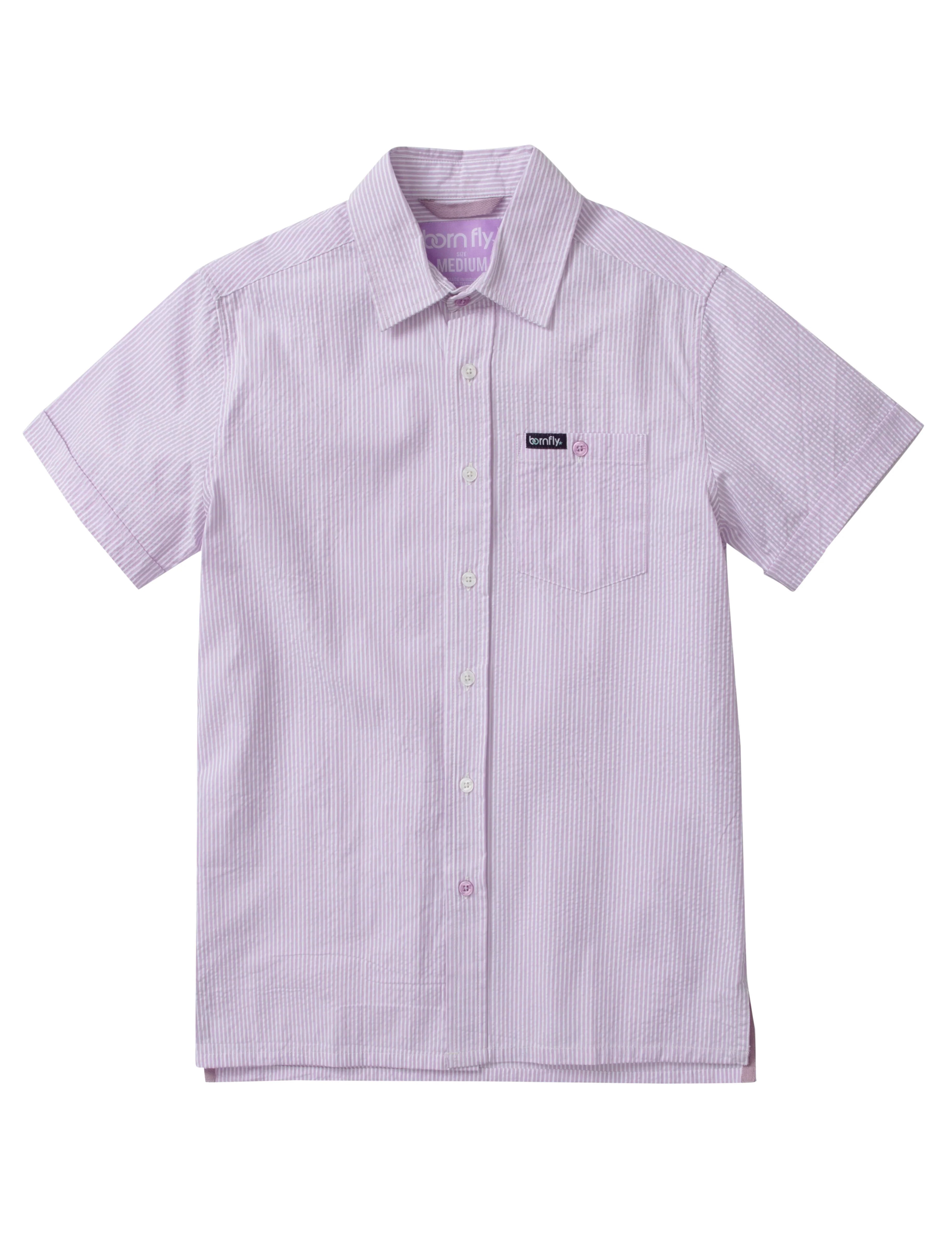 Lavender and white striped country club fly seersucker shirt with short sleeves collar and chest pocket patch