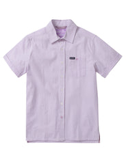 Lavender and white striped country club fly seersucker shirt with short sleeves collar and chest pocket patch
