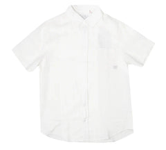 A crisp white fly linen shirt with short sleeves classic collar and subtle texture perfect for casual wear
