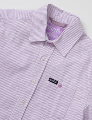 Country club fly seersucker shirt in lavender and white stripes with subtle texture and born fly brand label