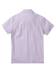 A light purple short-sleeved Country Club Fly seersucker shirt with fine vertical stripes and button-up front