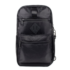 Sport crossbody sling bag in black mesh with diamond patch and multiple zippered compartments for convenience