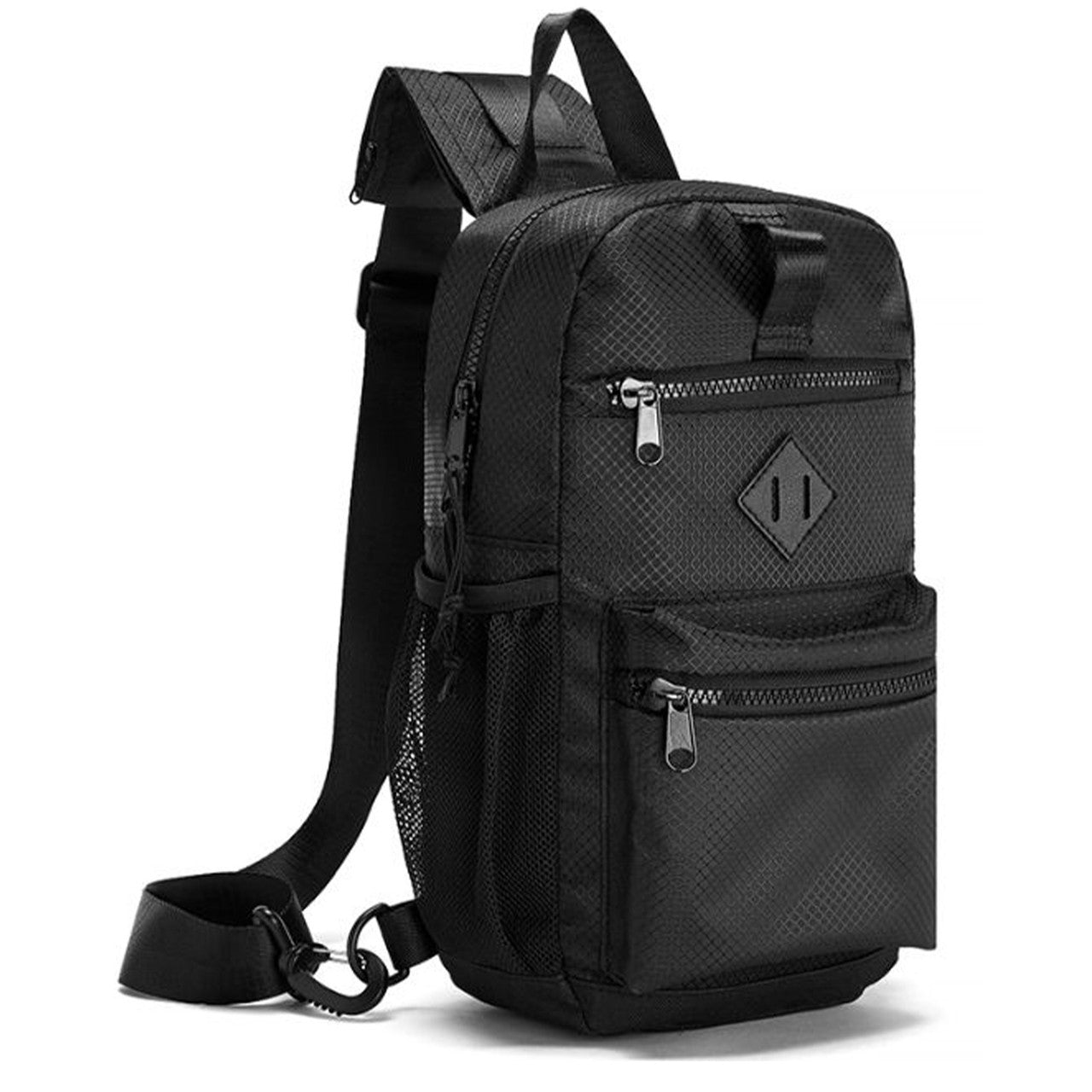 Black textured nylon sport crossbody sling bag with diamond-shaped logo patch and mesh side pockets