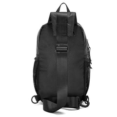 Black mesh sport crossbody sling bag with adjustable strap and side pockets for hands-free carrying