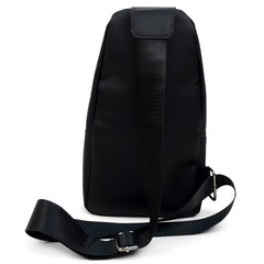 Black nylon crossbody sling bag with adjustable strap and metal buckle for hands-free carrying