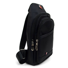 Black nylon crossbody sling bag with silver zippers and a red logo patch for everyday use