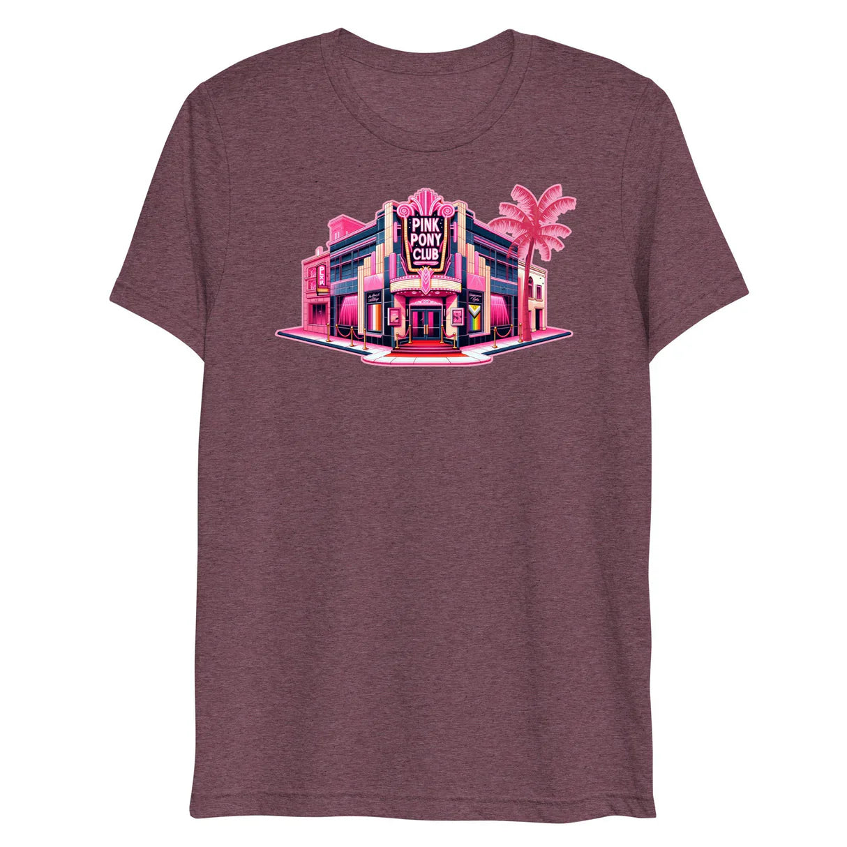 Maroon heathered cotton t-shirt with vibrant pink and purple neon graphic of the Pink Pony Club building